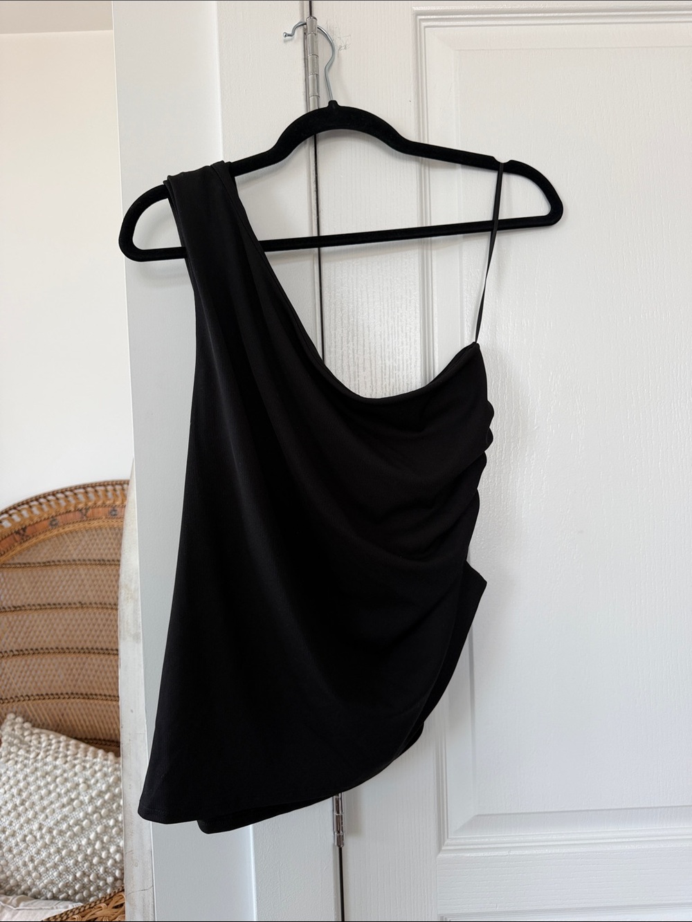 Mango Black Asymmetric One-Shoulder Draped Top